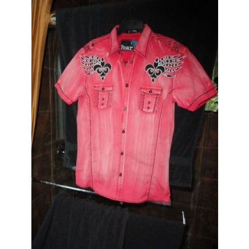 Roar mens  red  & black embroidered casual designer shirt Medium