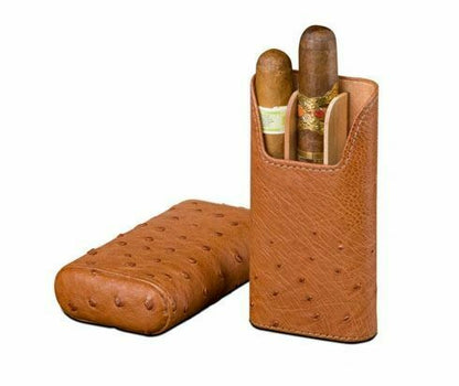 Brizard and Co. - The "Show Band" 3 Cigar Case  & Pocket Lighter - Ostrich Tan