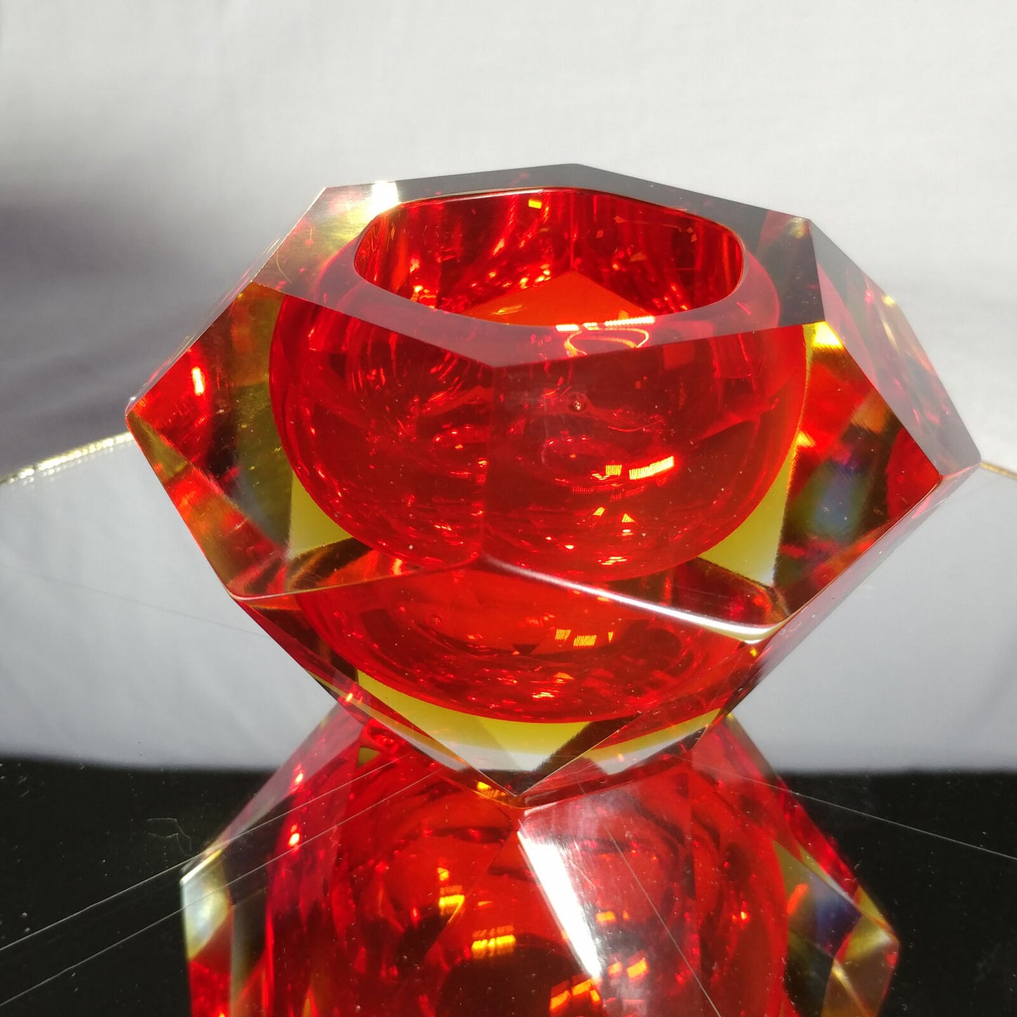 Sommerso Murano | Flavio Poli Yellow & Red Faceted Glass Ashtray | Italy 1950s