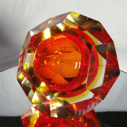 Sommerso Murano | Flavio Poli Yellow & Red Faceted Glass Ashtray | Italy 1950s