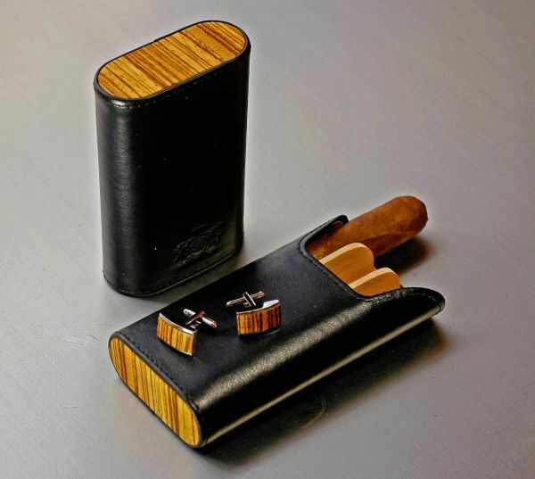 Brizard & Co Sunrise Black Leather and Zebrawood Single Cigar Tube