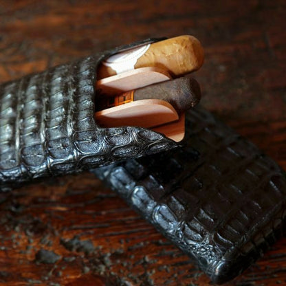 The Single Cigar Tube - Genuine Black Caiman Alligator and Blue