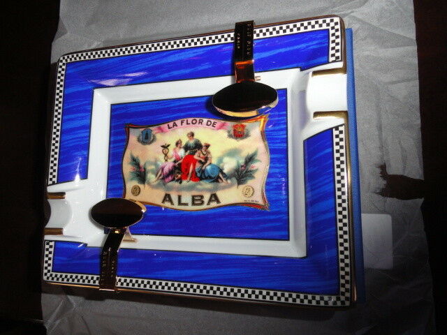 Elie Bleu Alba Porcelain Blue Ashtray with Gold Plated Rests
